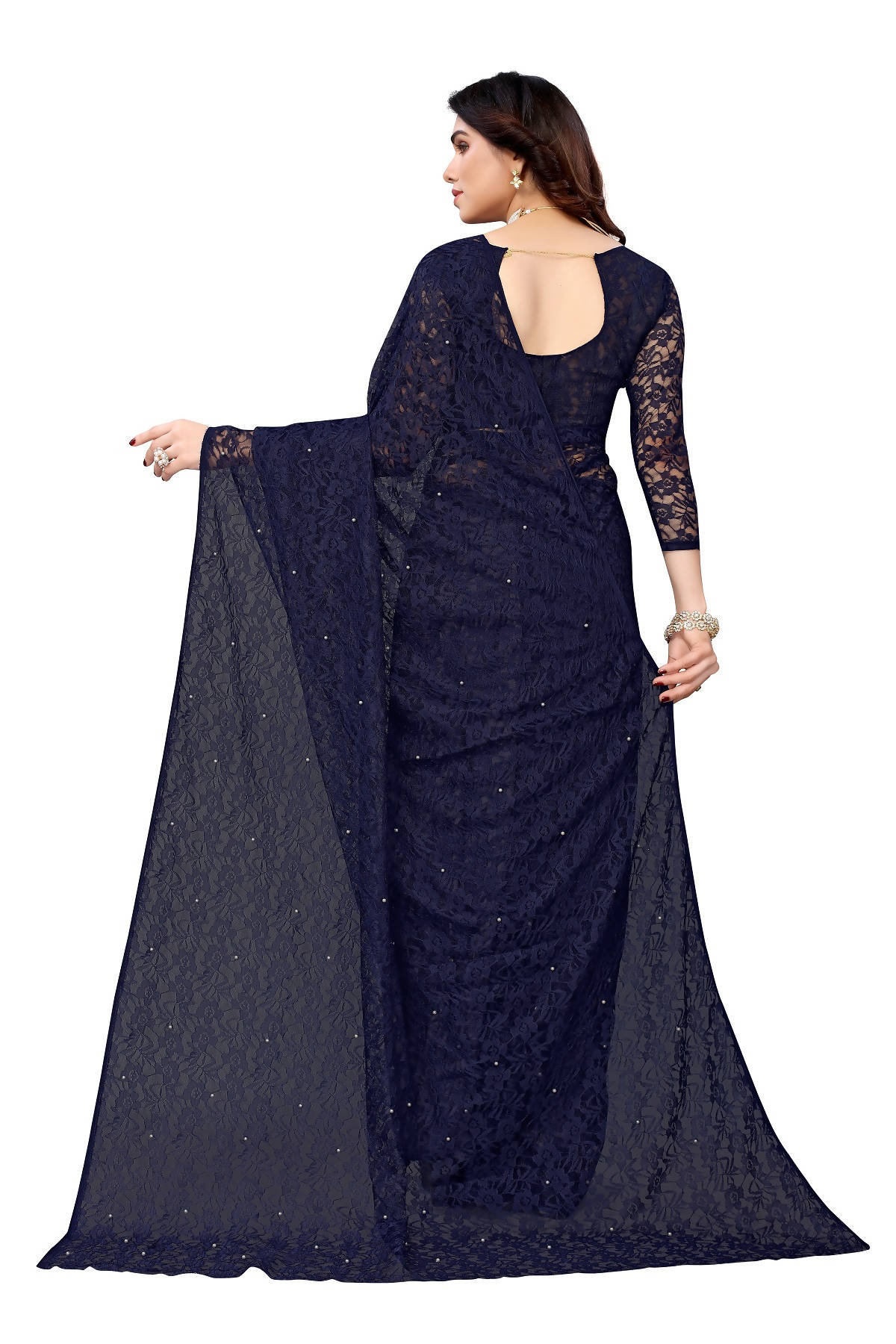 Vamika Ethnic Fire Navy Pearls Net Saree | Grocsy