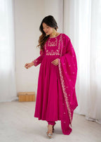 The52 Women's Beautiful Embroidery Work Roman Chanderi Silk Fabric Flared Anarkali Pant and Dupatta Set | Grocsy