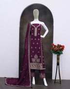 Anaita Dark Purple Chinon Silk Stitched Suit with Embroidery & Sequence Work | Grocsy