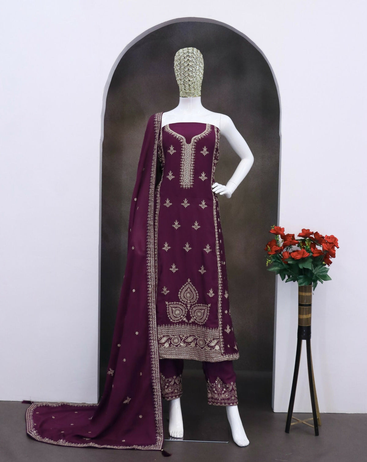 Anaita Dark Purple Chinon Silk Stitched Suit with Embroidery & Sequence Work | Grocsy