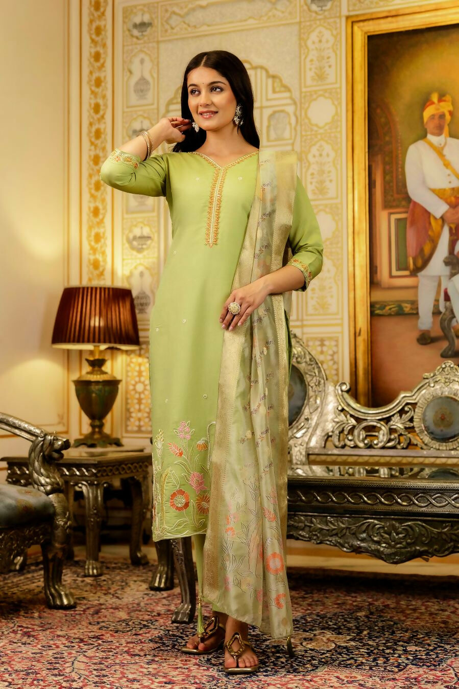 The52 Lemons Women's Beautiful Viscose Shimmer Fabric Embroidered Work Straight Kurta Pant and Dupatta Set | Grocsy