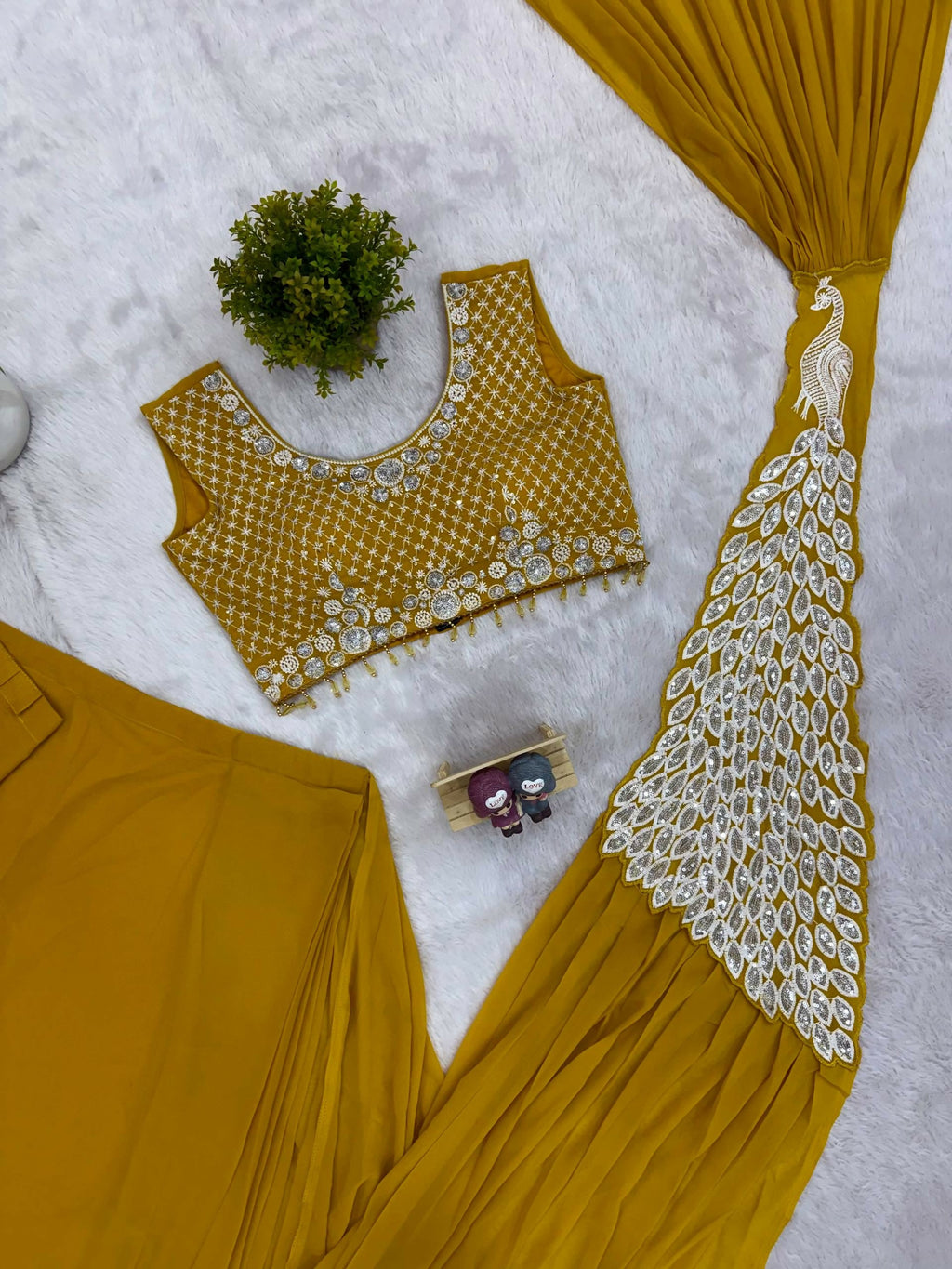 Teeya Creation Yellow Color Faux Georgette Embroidery Work Party Wear Ready To Wear Saree | Grocsy