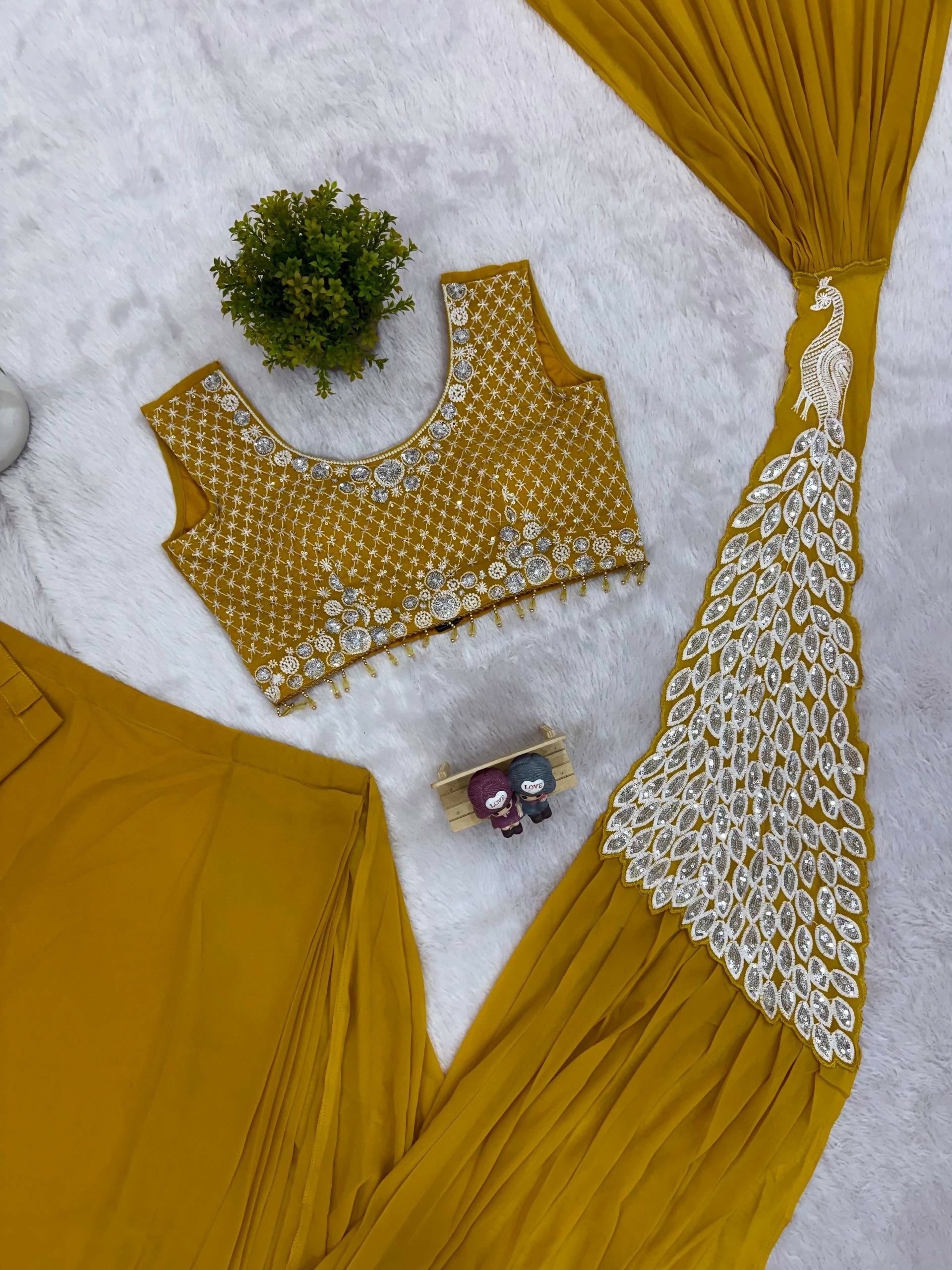 Teeya Creation Yellow Color Faux Georgette Embroidery Work Party Wear Ready To Wear Saree | Grocsy
