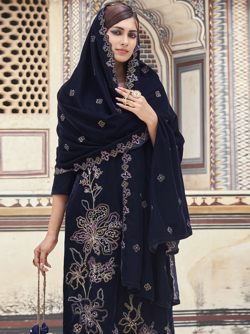 Jyoti Fashion Women's Navy Blue Velvet Resham Thread with Jari & Sequin Kurta with Trouser & Dupatta | Grocsy