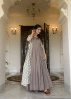 Partywear Designer Digital print Grey Maslin Gown - Anbazaar | Grocsy
