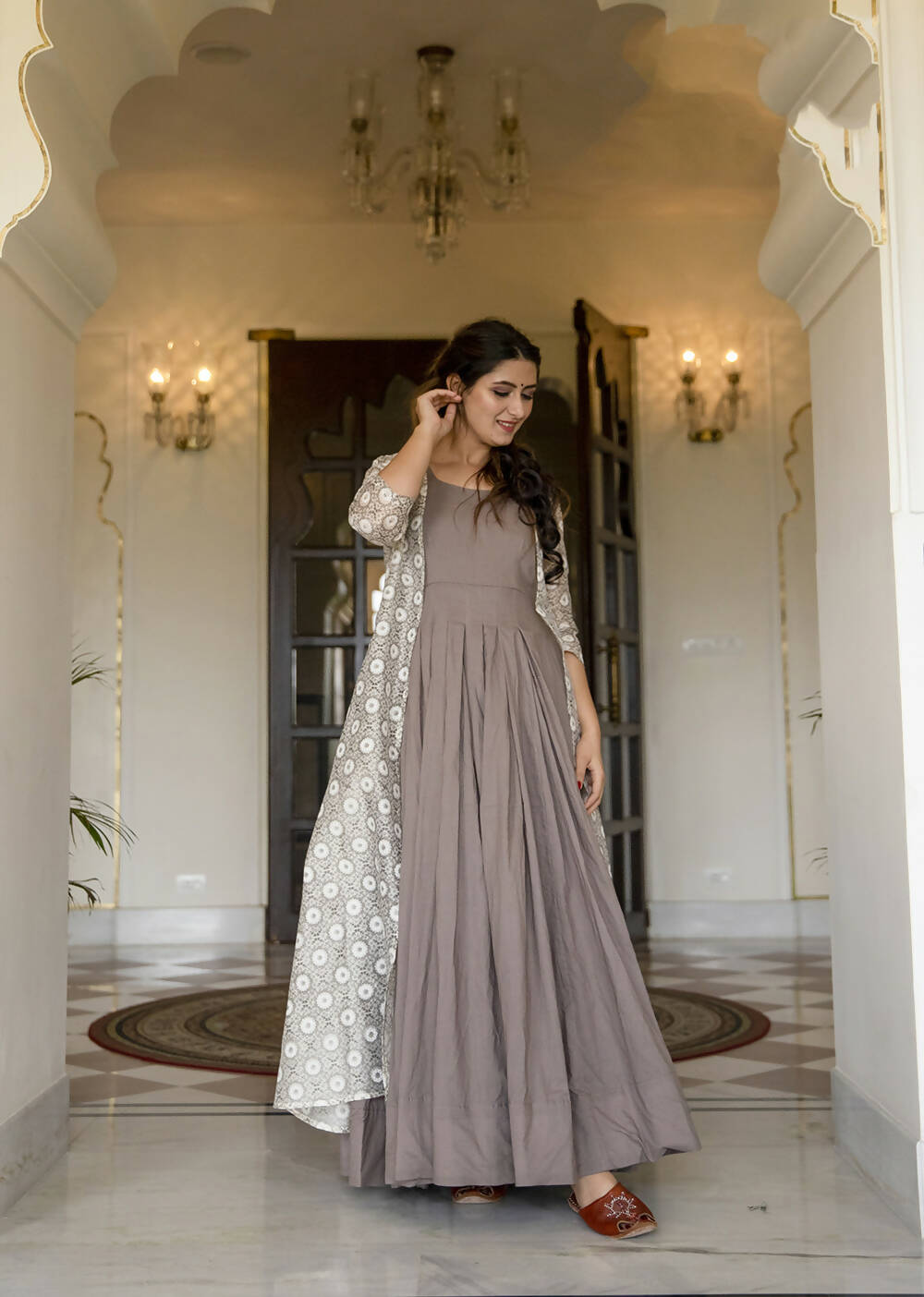 Partywear Designer Digital print Grey Maslin Gown - Anbazaar | Grocsy