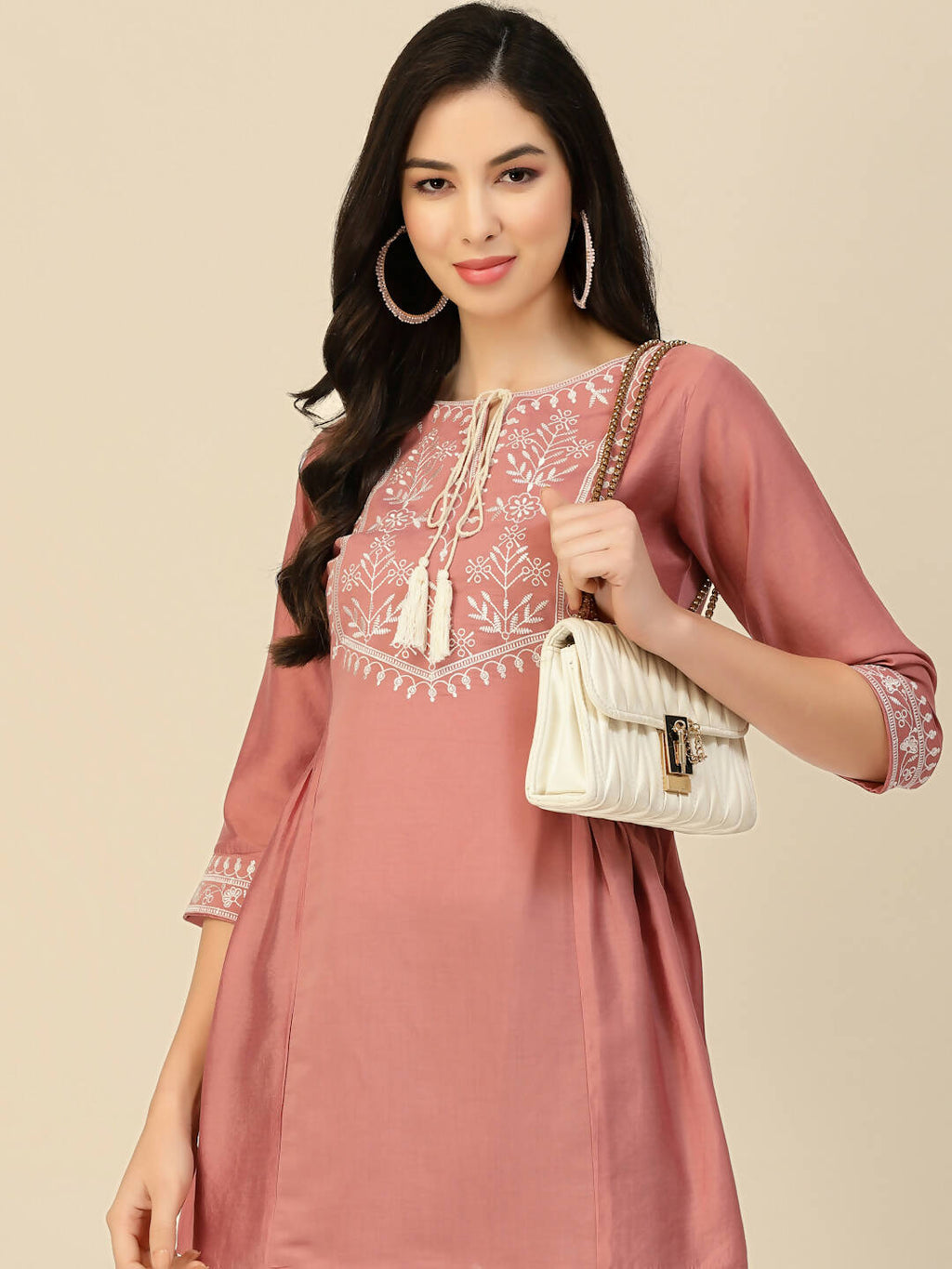 Peach Chinon Slub Floral Embroidered Top - Zeny | Grocsy