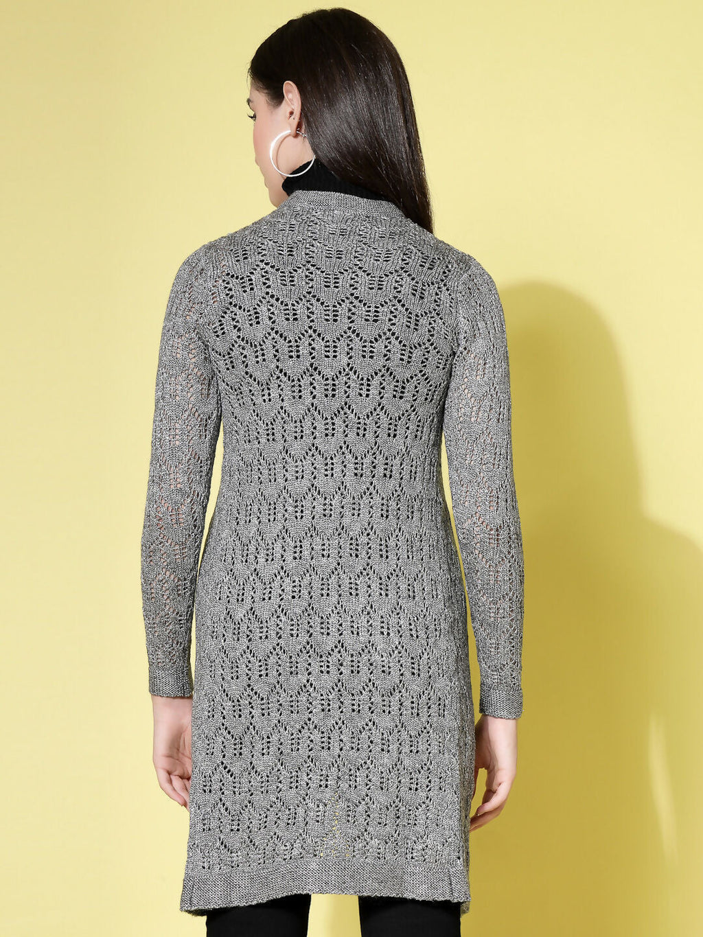 Women Self Design Long Grey Acrylic Winter Shrug - Wool Trees | Grocsy