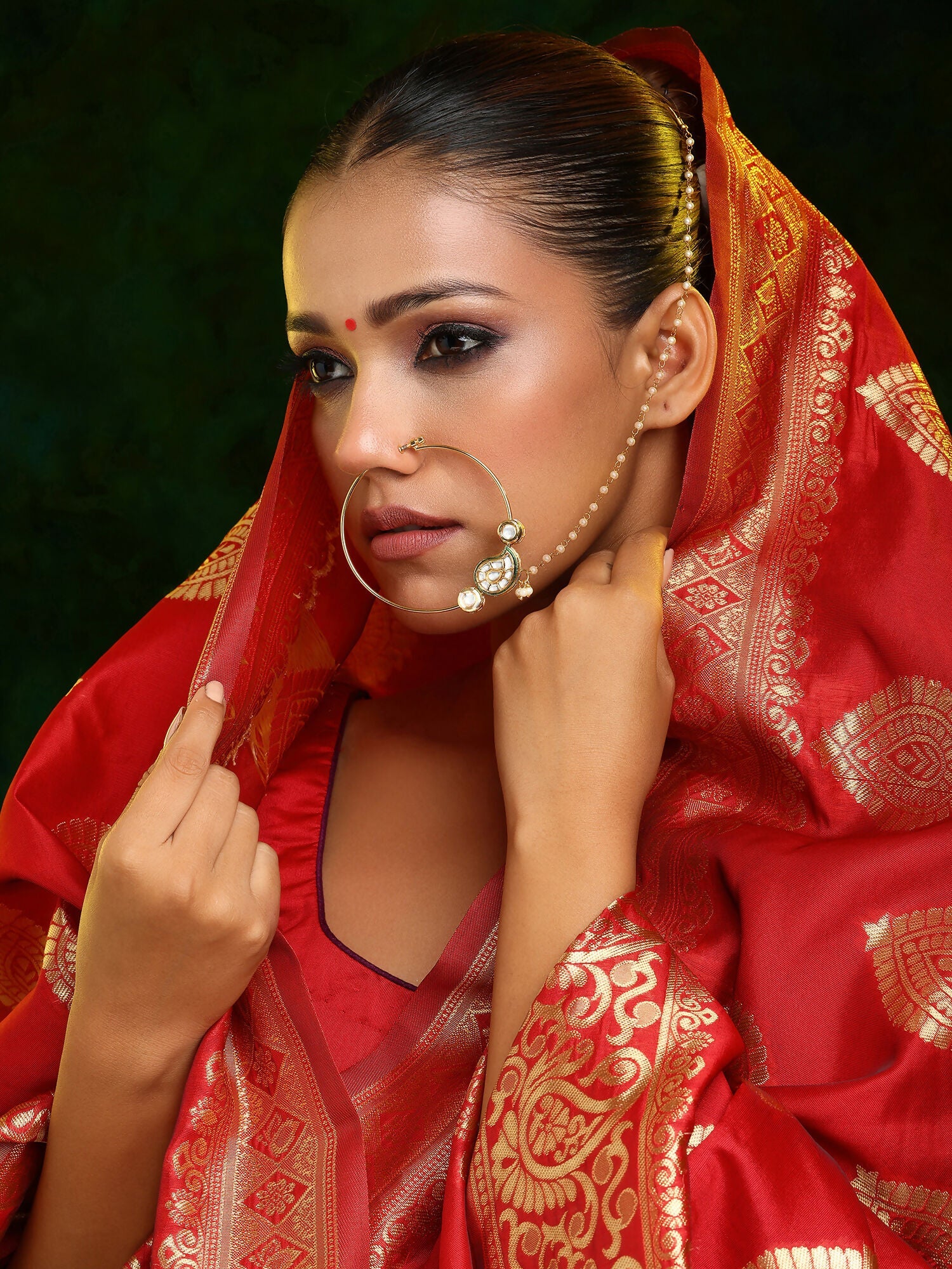 Ruby Raang 22k Gold Polished Kundan Maharani Nose Ring (Clip On) | Grocsy