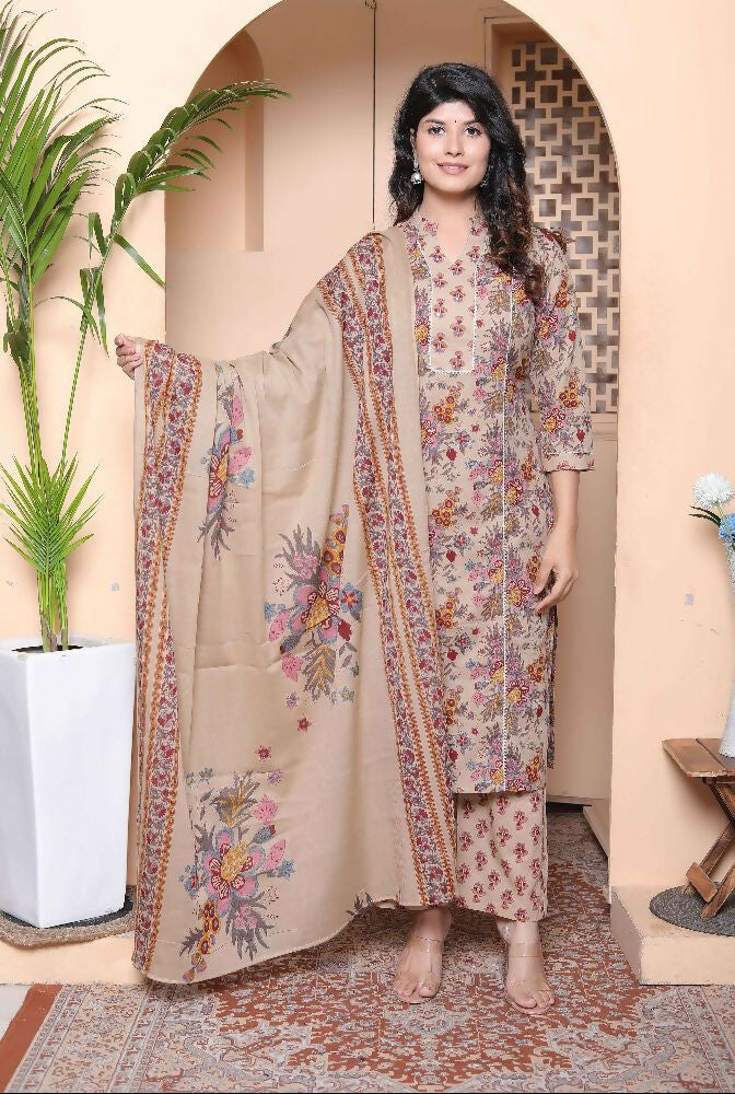 Miravan Womens Multicolor Floral Printed Pure Cotton Kurta And Palazzo With Dupatta Set | Grocsy