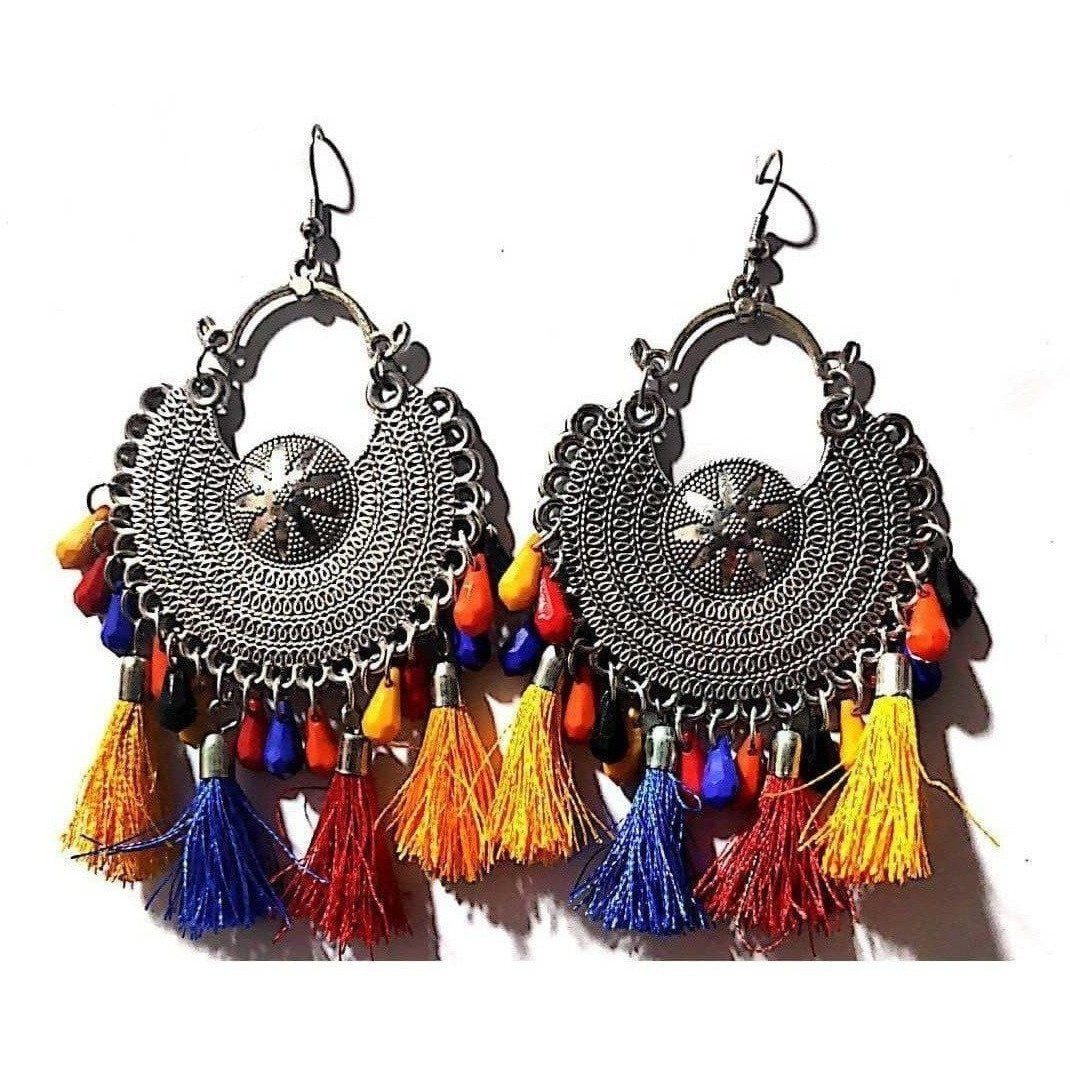 MS Fashion India Heavy Design Silver Toned Chandbali Silk Threads And Beads Multi Colors Earrings | Grocsy