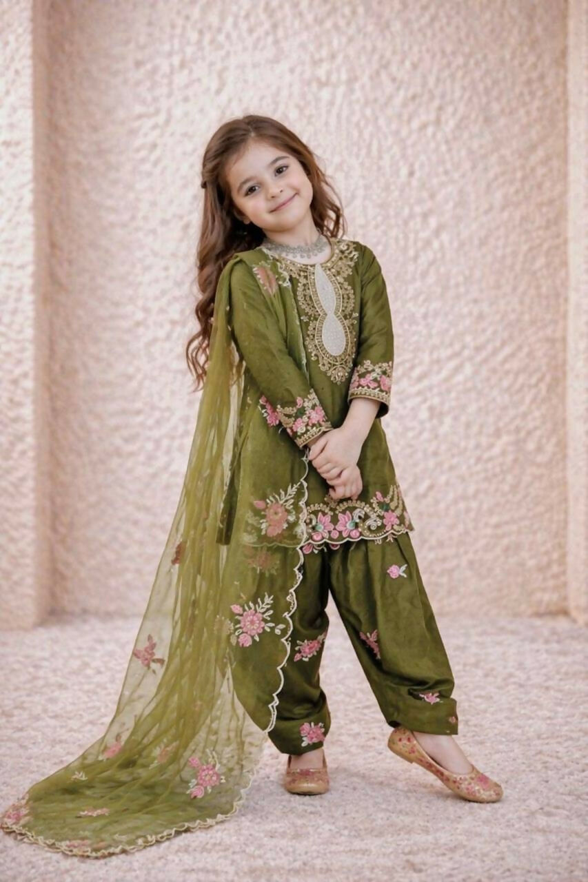 Teeya Creation New Kids Trendy Wedding Wear Traditional Kurta Salwar Set-Green | Grocsy