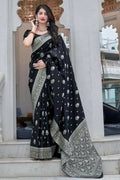 DEIANA'S Beautiful Designer Golden zari Soft Lichi Silk Saree - Black | Grocsy