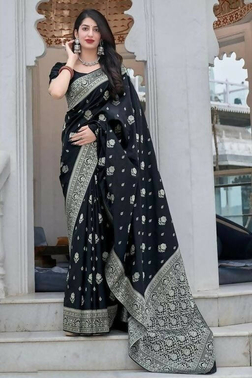 DEIANA'S Beautiful Designer Golden zari Soft Lichi Silk Saree - Black | Grocsy