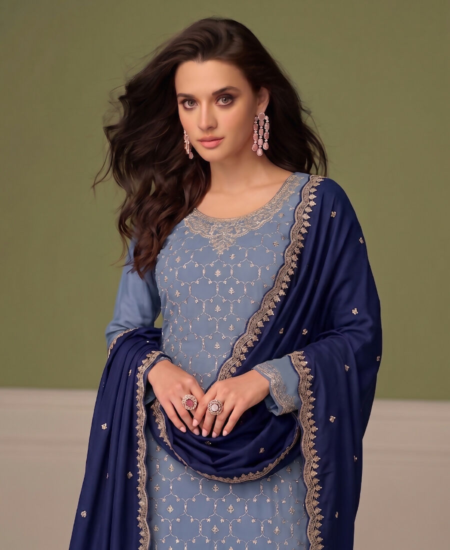 KC Heavy Chinon Sky Blue Salwar Suit For Women Ethnic Wear | Grocsy