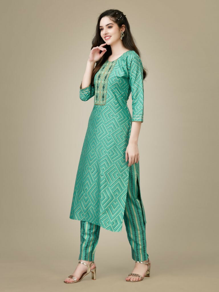 Jyoti Fashion Women's Pista Green Rayon Embroidered Kurta Pant Set | Grocsy