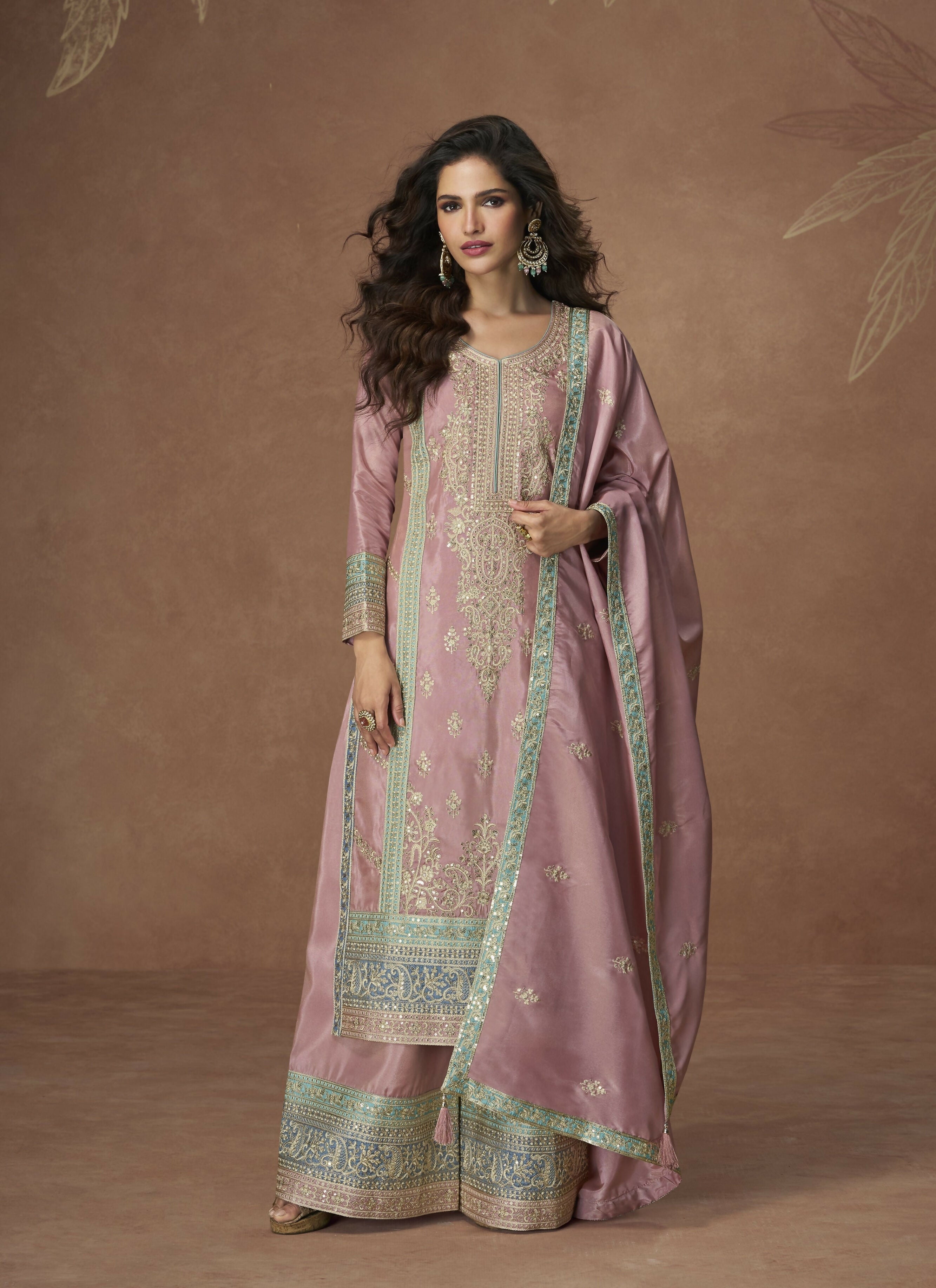 Anaita Pink Chinon Readymade Palazzo Suit with Embroidery Sequence Work | Grocsy