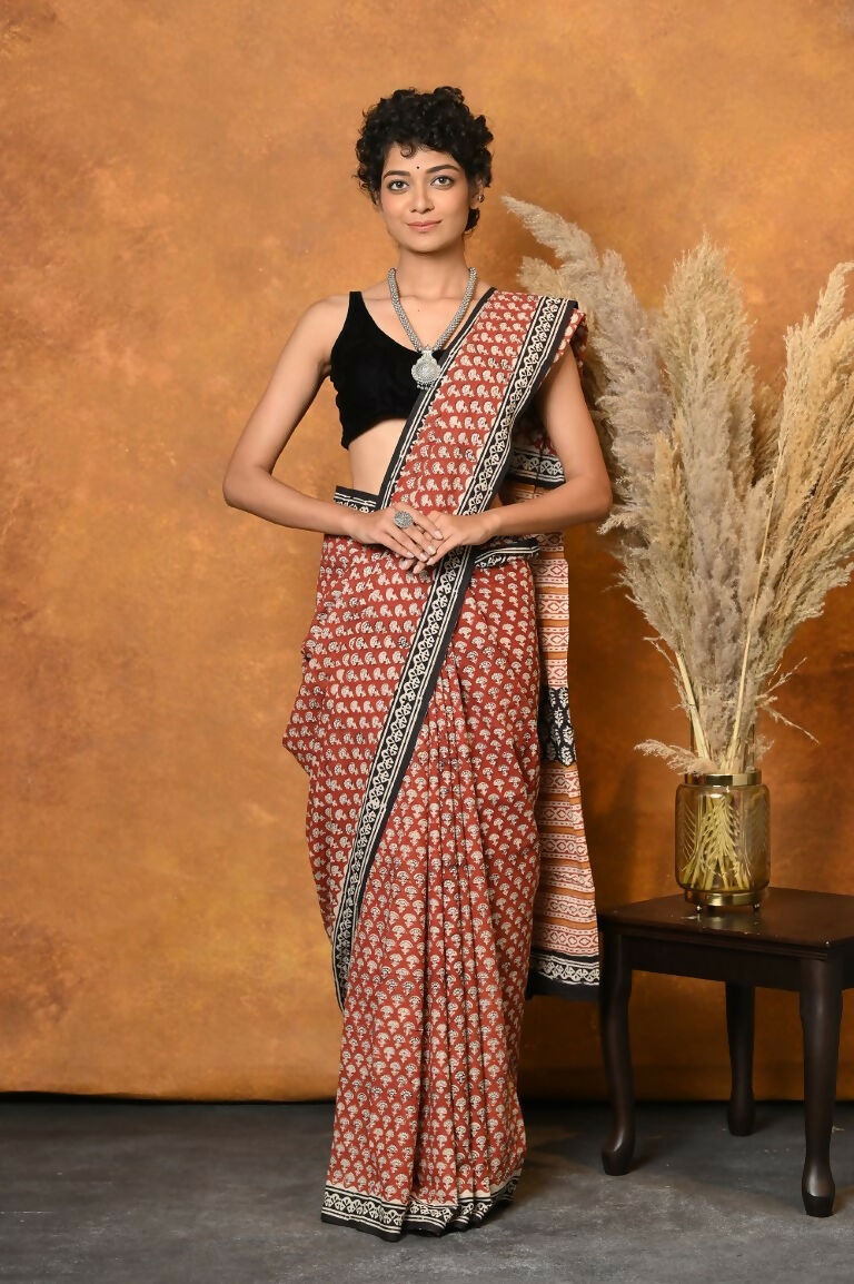 Very Much Indian Handblock Printed Cotton Saree With Natural Dyes - Orange | Grocsy