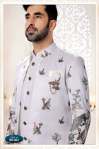 Joban Fashion Men's White Straight Silk Thread And Sequence Embroidery All Over 3 Pc Kurta Set | Grocsy