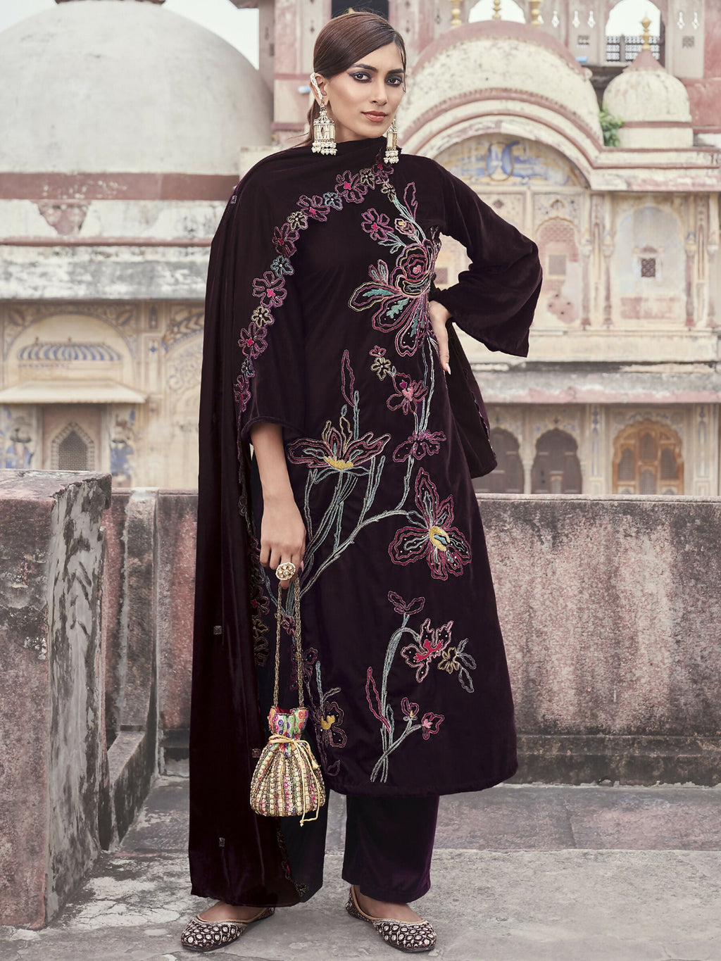 Jyoti Fashion Women's Wine Velvet Resham Thread with Jari & Sequin Kurta with Trouser & Dupatta | Grocsy