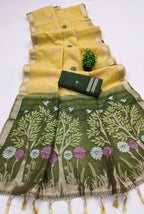 Vastranavya Yellow Muga Cotton Meenakari & Azarakh Pallu Saree with Contrast Blouse | Grocsy