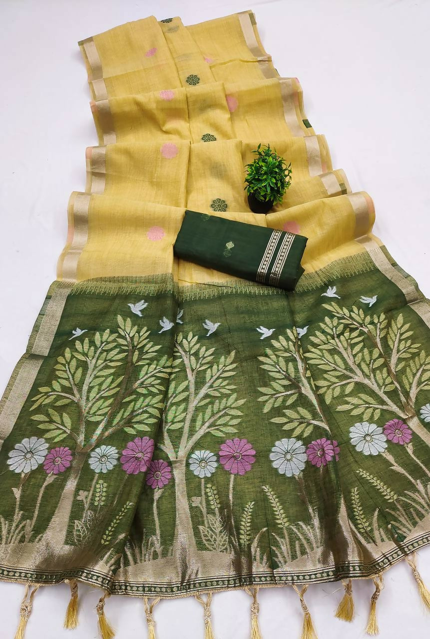 Vastranavya Yellow Muga Cotton Meenakari & Azarakh Pallu Saree with Contrast Blouse | Grocsy