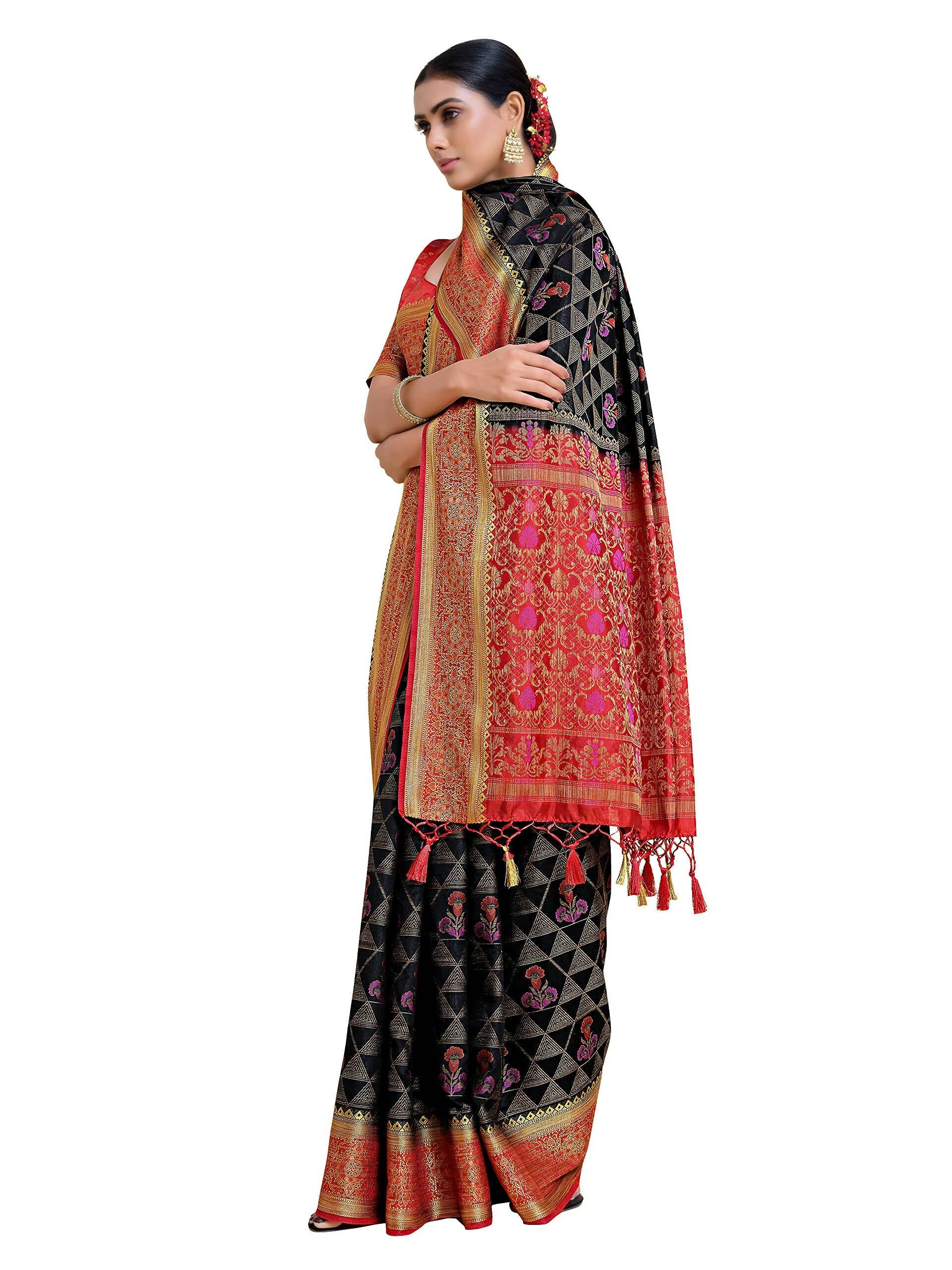 Mimosa Women's Kanjivaram Art Silk Black Saree | Grocsy