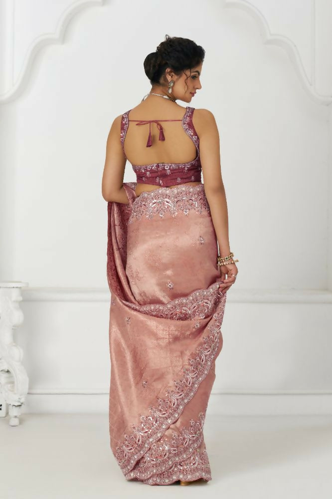 Kesar Fab Latest Pink Pure Dola Viscouse Silk With Sequins And Beads Embroidery For Brides Saree | Grocsy