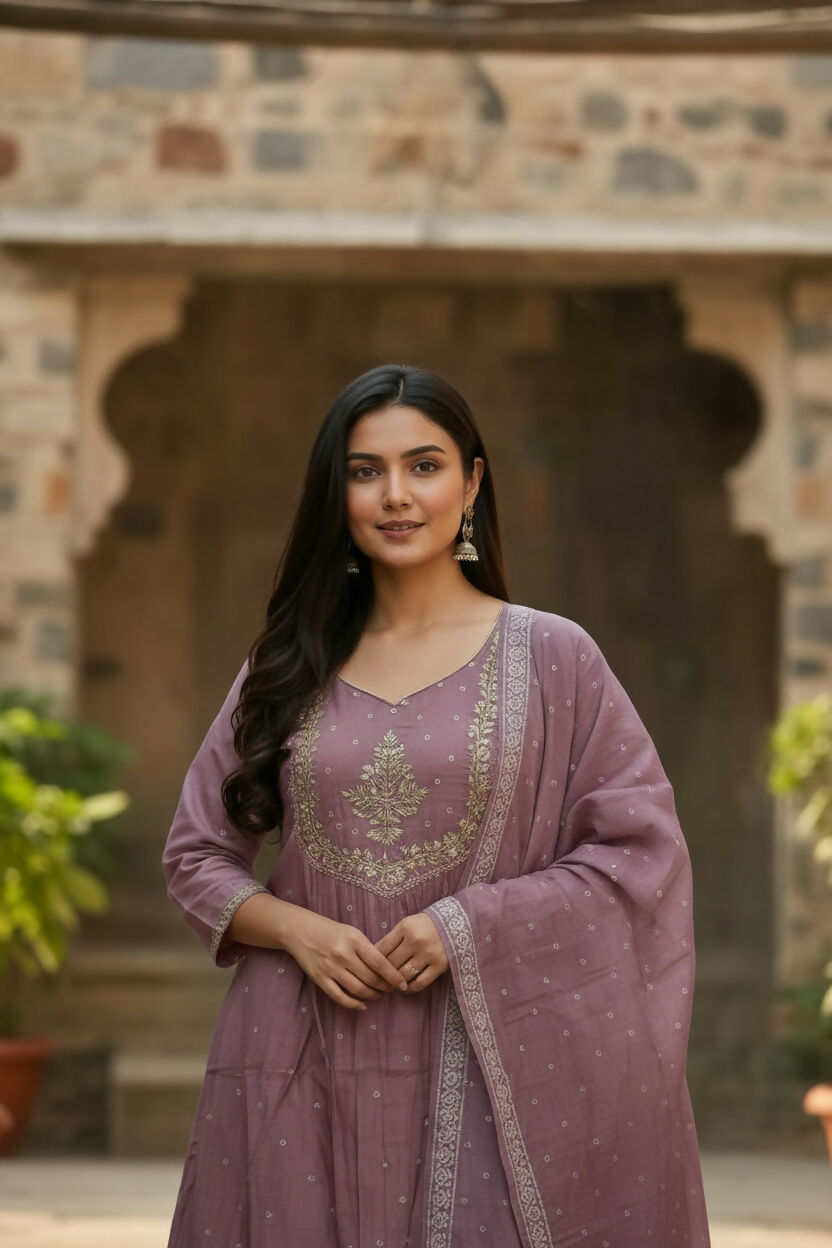 The52 Women's Beautiful Cotton Fabric Embroidery Work Flared Anarkali Pant and Dupatta Set | Grocsy
