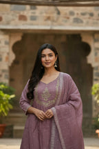 The52 Women's Beautiful Cotton Fabric Embroidery Work Flared Anarkali Pant and Dupatta Set | Grocsy