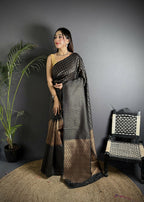 Joban Fashion Black Banarasi Soft Lichi Silk Checks & Woven Saree | Grocsy