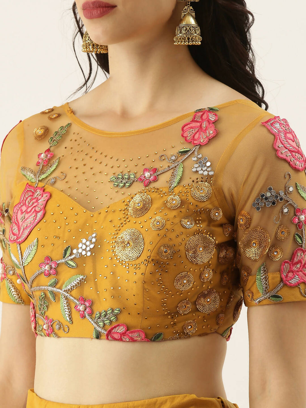 House of Panchhi Mustard Net Semi stitched Coding, Sequins & Saroski Stone Work Lehenga Choli | Grocsy