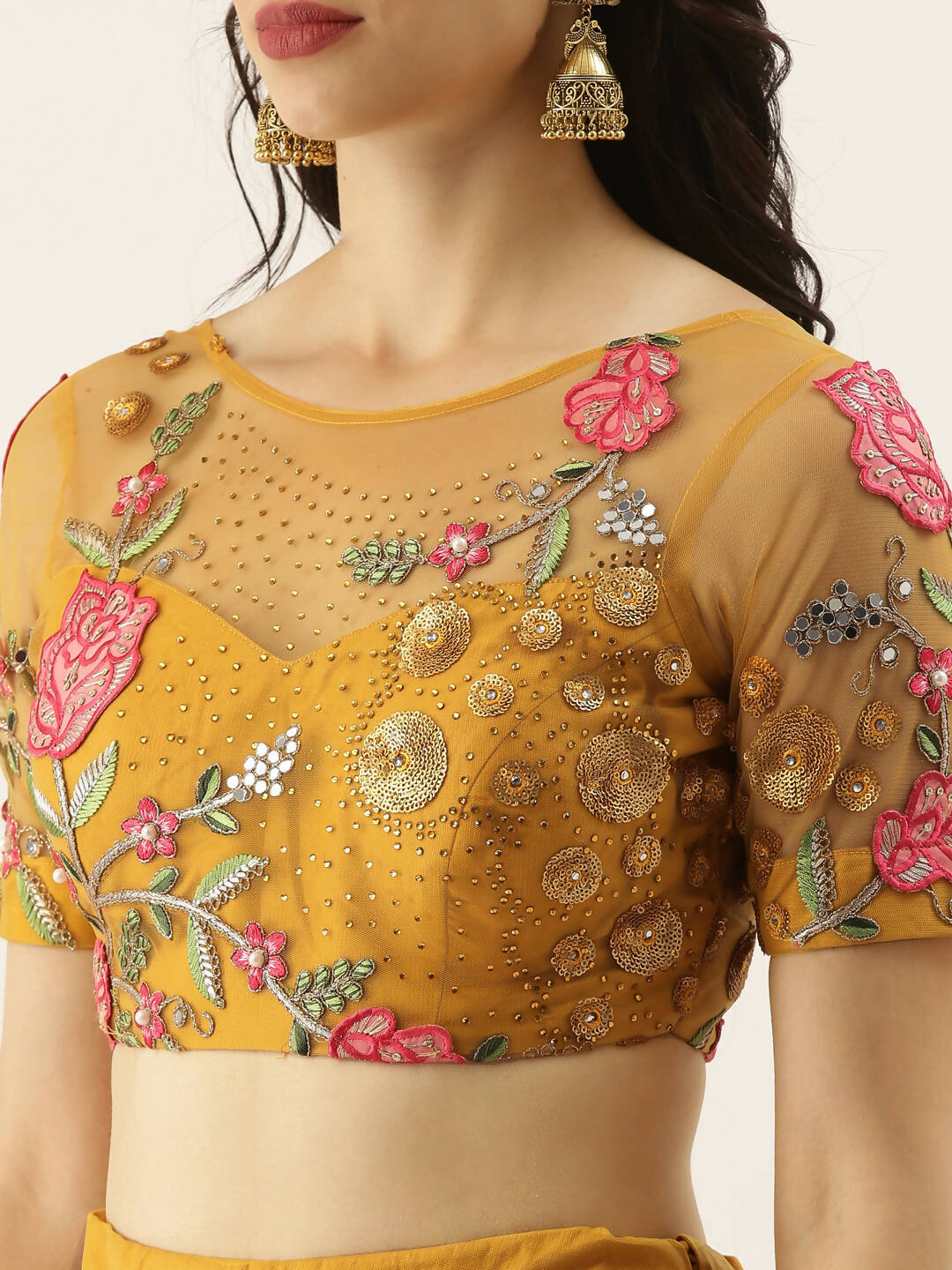 House of Panchhi Mustard Net Semi stitched Coding, Sequins & Saroski Stone Work Lehenga Choli | Grocsy