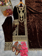 Teeya Creation Coffee Color Velvet Fabric Designer Embroidery Work Suit | Grocsy