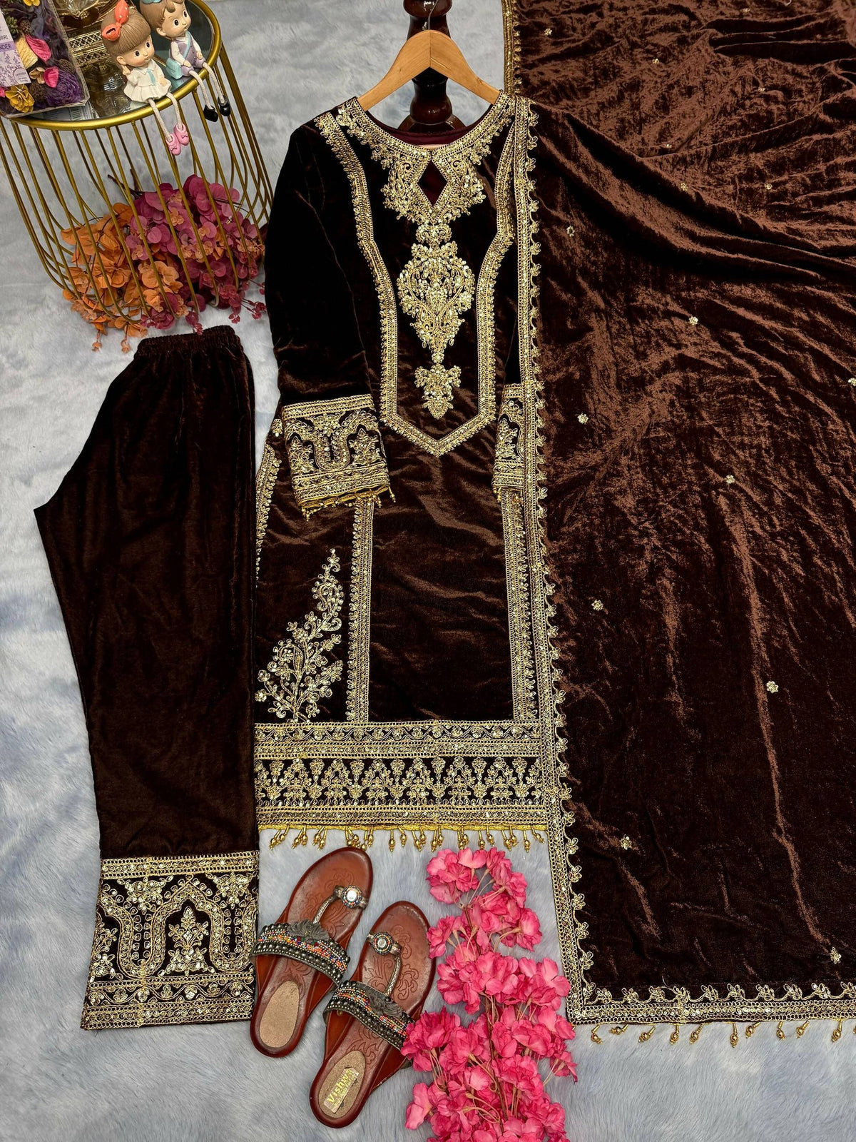Teeya Creation Coffee Color Velvet Fabric Designer Embroidery Work Suit | Grocsy