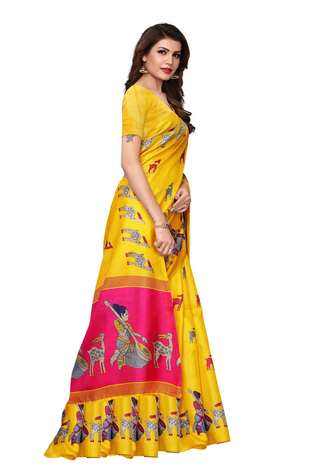 Vamika Yellow Color Kalamkari With Jhalar Khadi Silk Saree | Grocsy