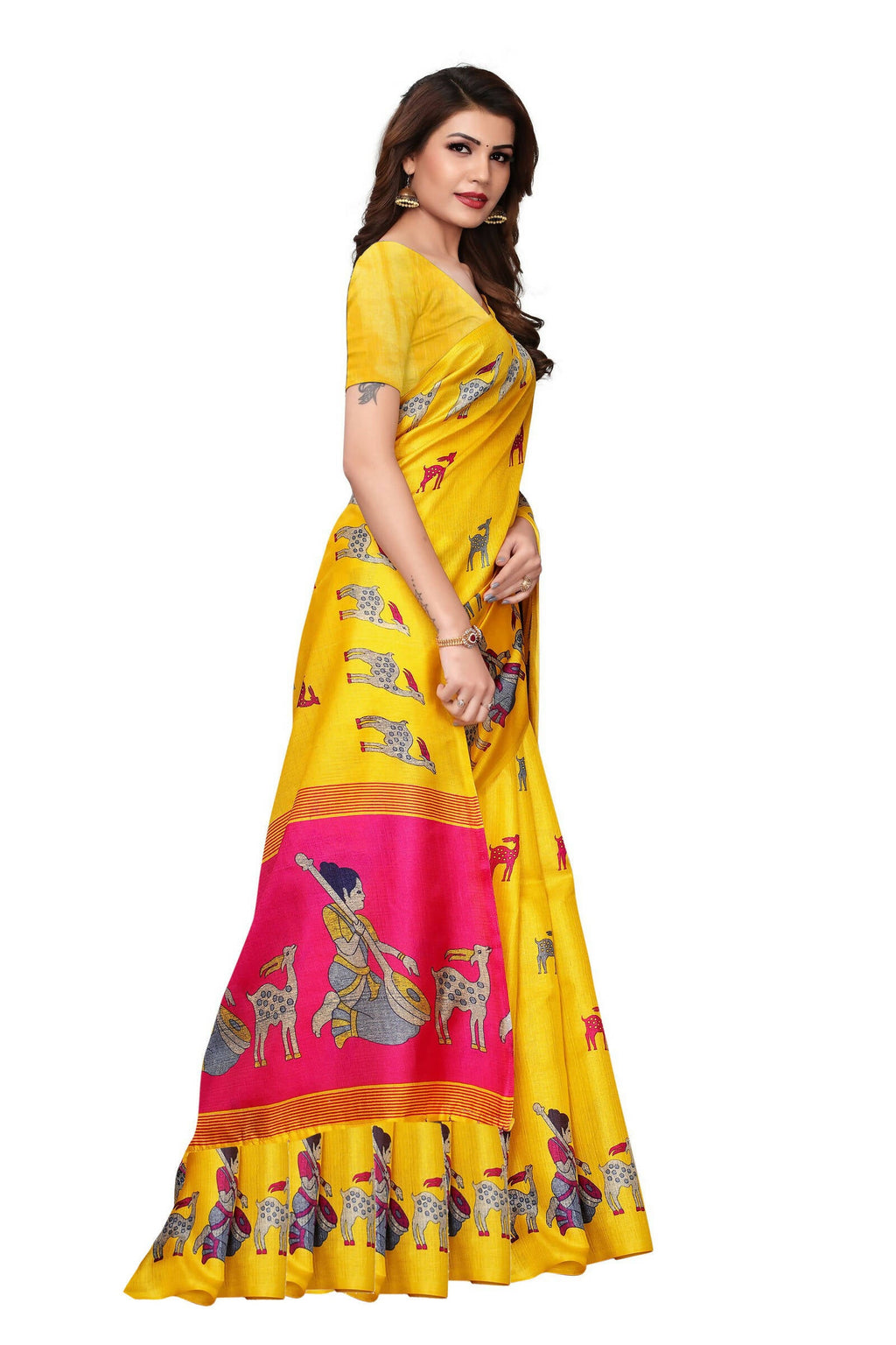 Vamika Yellow Color Kalamkari With Jhalar Khadi Silk Saree | Grocsy