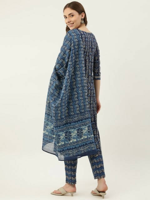 FIORRA Women's Blue Cotton Straight Kurta Pant With Dupatta | Grocsy