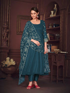 Jyoti Fashion Women's Rama Georgette Embroidered Anarkali Kurta Pant Set With Dupatta | Grocsy