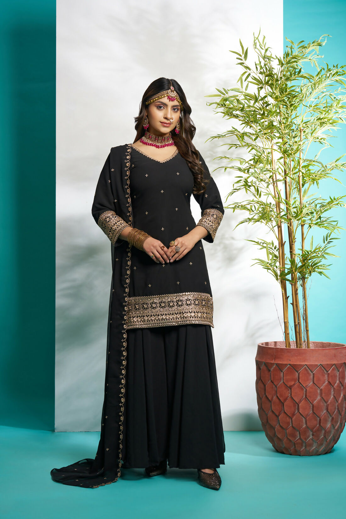 Aayaa Designer Faux Gorgette Embroidery Zari Sequins Thread work Full Flaired plazzo Suit with Dupatta - Black | Grocsy
