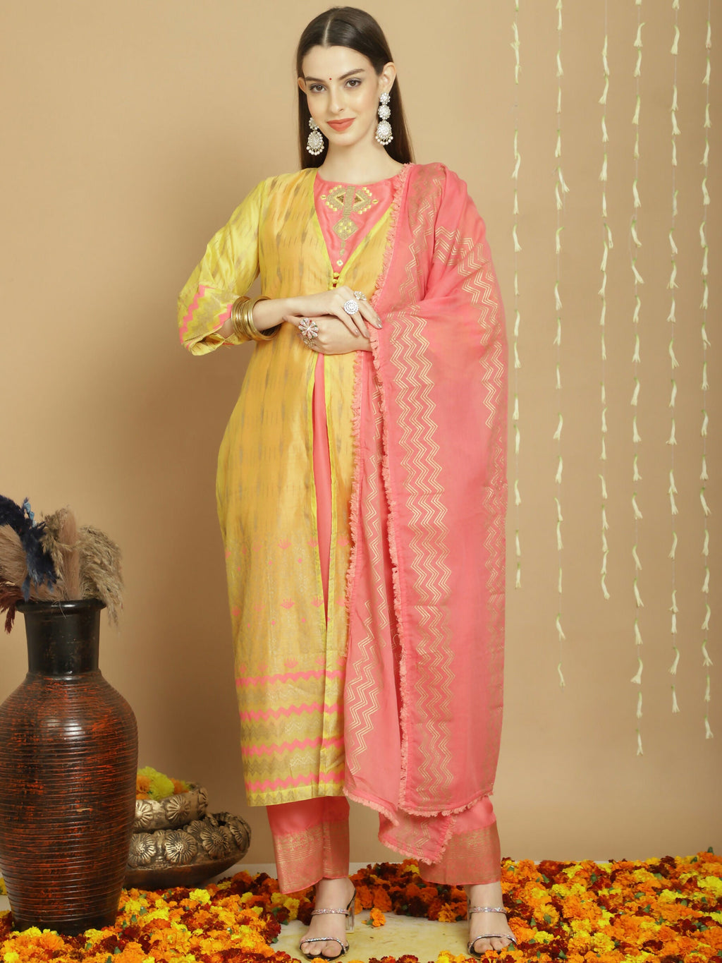Jyoti Fashion Women's Yellow Chanderi Silk Elegant Jardoshi Semi Kurta with Trouser & Dupatta | Grocsy