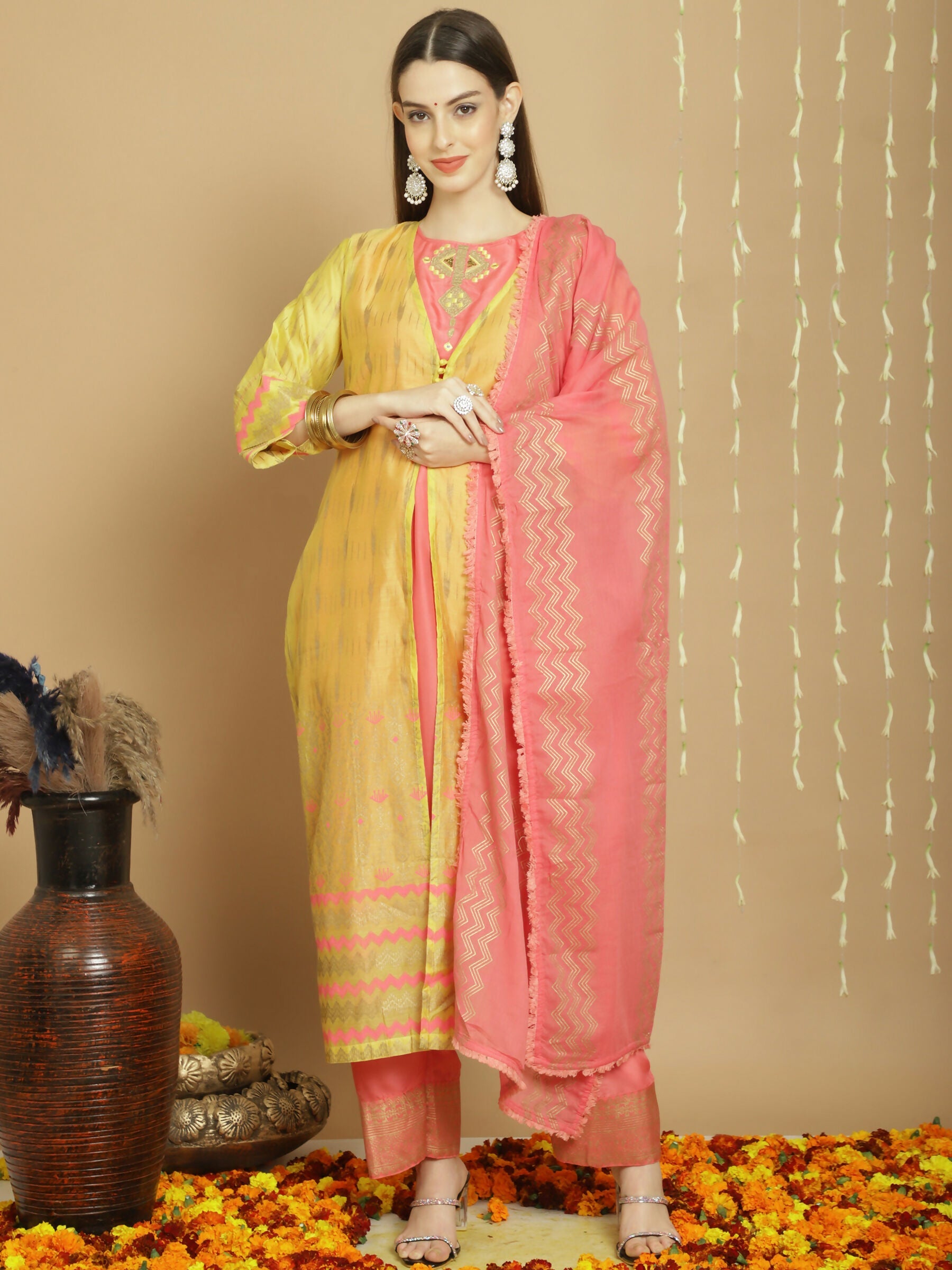 Jyoti Fashion Women's Yellow Chanderi Silk Elegant Jardoshi Semi Kurta with Trouser & Dupatta | Grocsy