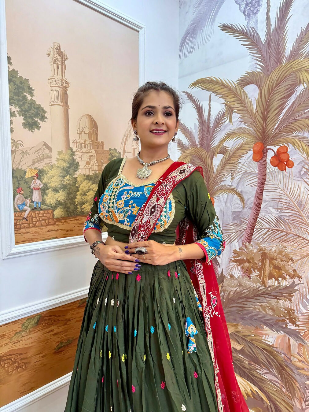 Teeya Creation Green Colour Rayon Silk Embroidery Work Fully Stitched Navratri Lehenga | Grocsy