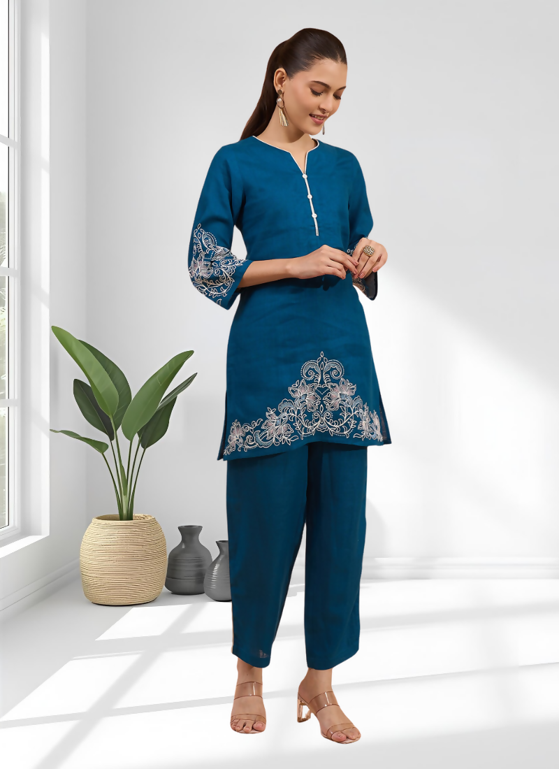 Joban Fashion Teal Linen Embroidered Readymade Cord Set | Grocsy