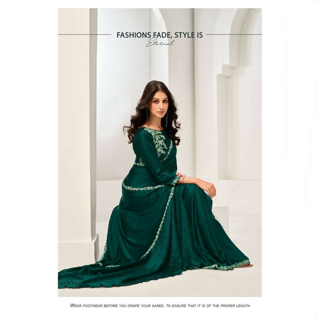 Green Crepe Satin Silk Handwork Saree With Unstitched Blouse - Norita Saanjh | Grocsy