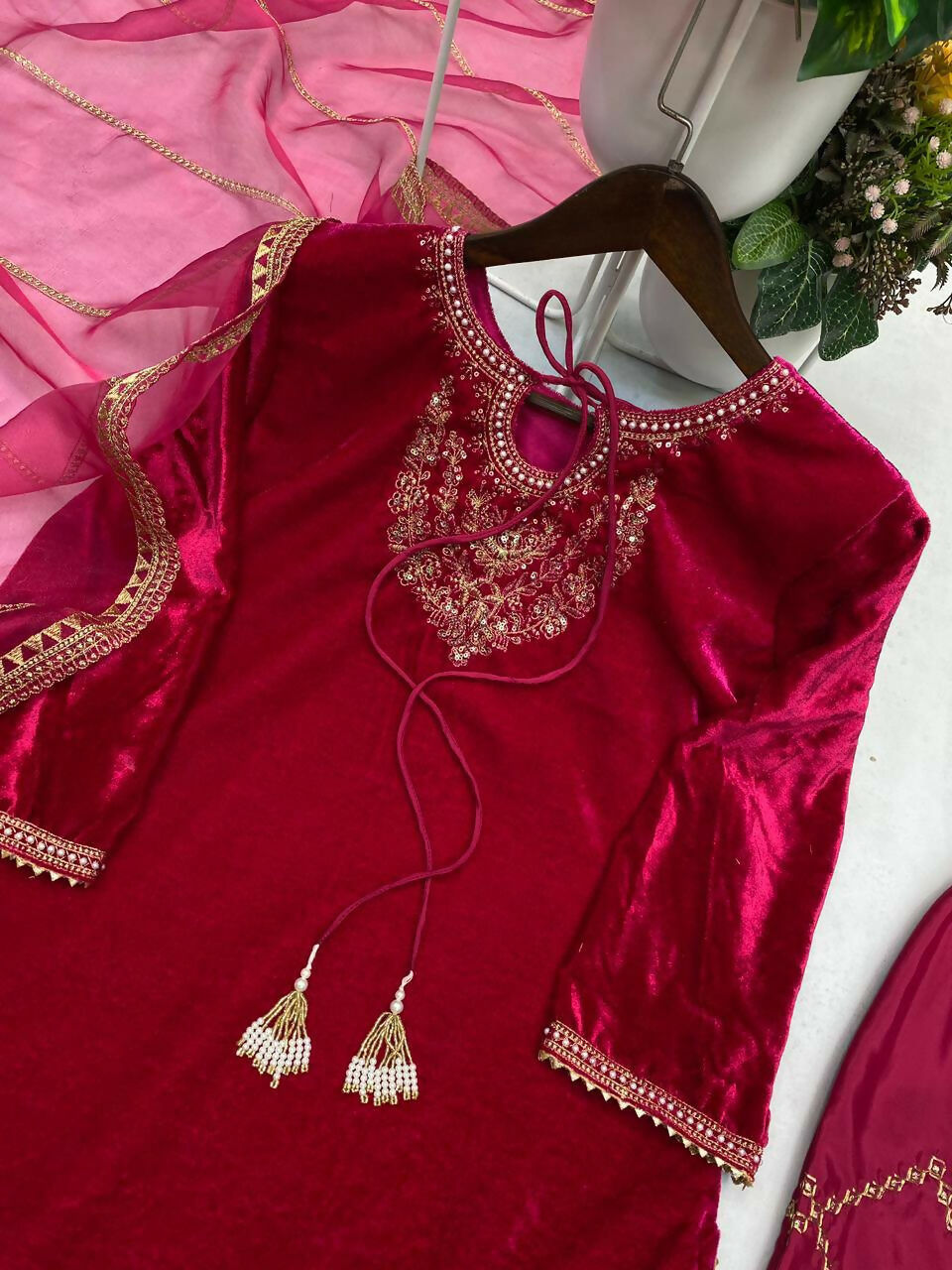 Vastranavya Pink Velvet Sequence Embroidery Work Kurta & Bottom With Dupatta | Grocsy