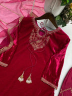 Vastranavya Pink Velvet Sequence Embroidery Work Kurta & Bottom With Dupatta | Grocsy