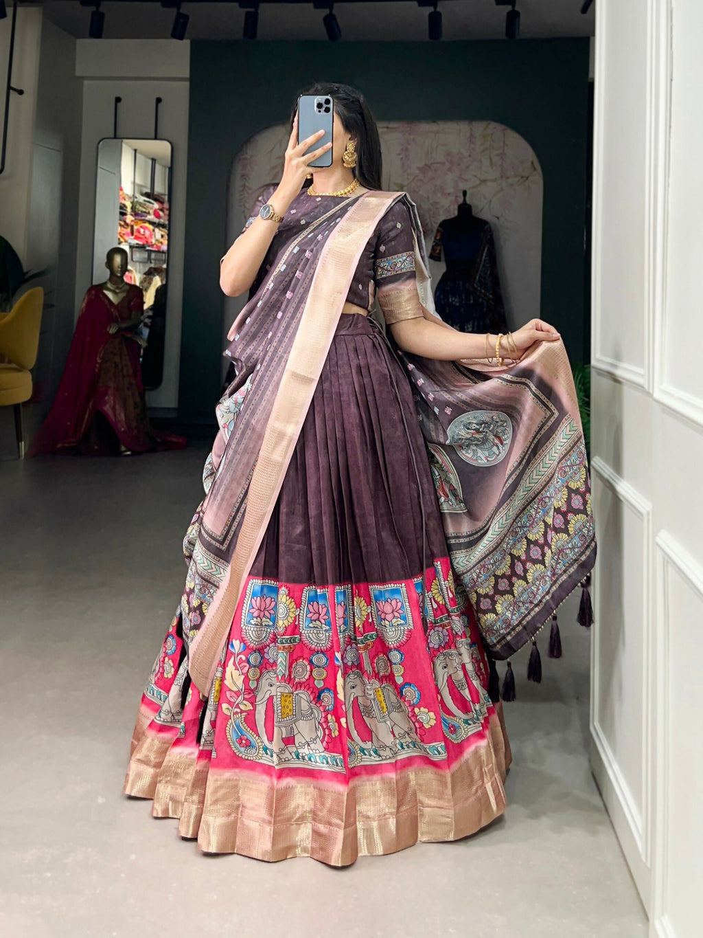 Vastranavya Kalamkari Print With Weaving Border Lehenga with Unstitched Blouse - Burgundy | Grocsy