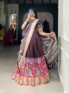 Vastranavya Kalamkari Print With Weaving Border Lehenga with Unstitched Blouse - Burgundy | Grocsy