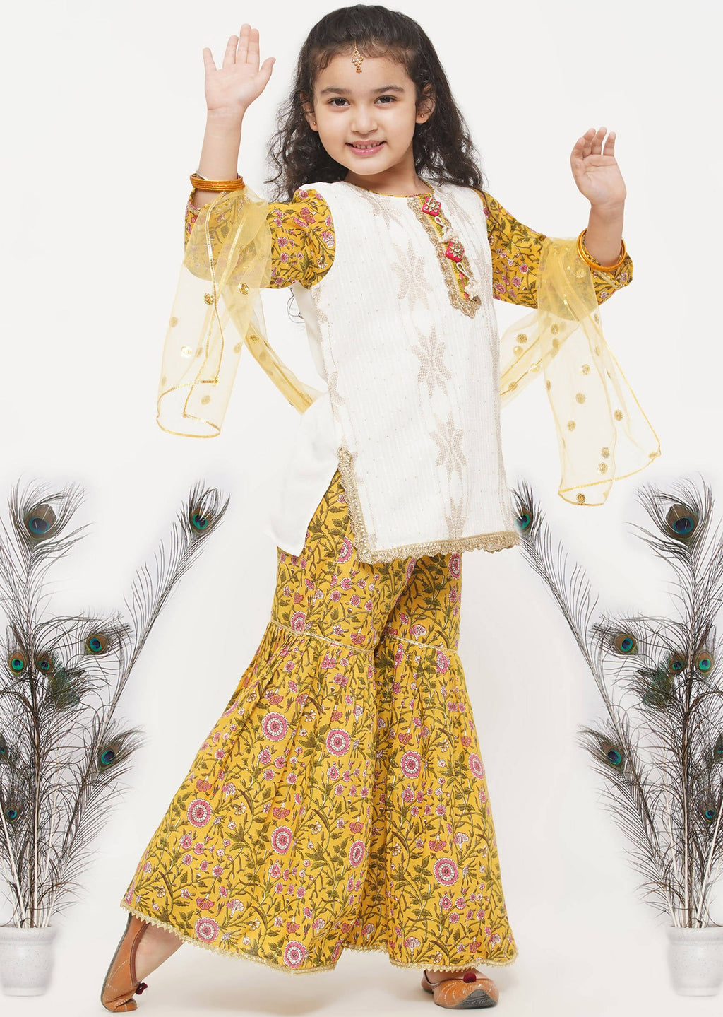 Little Bansi Girls Cotton Embroidery Kurta with floral sharara with Dupatta - White & Yellow | Grocsy